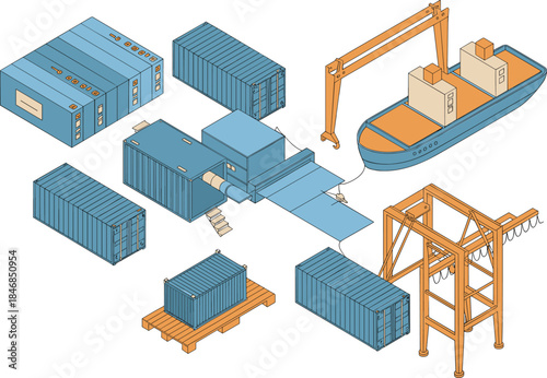 Isometric shipping and logistics illustration with cargo containers, cranes, warehouse, and ship