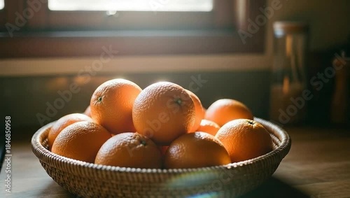 Basket of fresh oranges bathed in warm sunlight on a wooden countertop.
