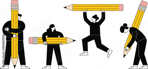 Creative People Holding Giant Pencil Vector Illustration Set Showing Writing, Drawing, and Education Concepts for Teamwork, Learning, and Creative Design Projects