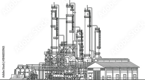 Industrial refinery plant technical illustration, chemical factory infrastructure, engineering process design, black and white vector line art drawing