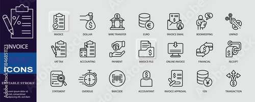 Set of icons for invoice. Editable stroke. Vector illustration	
