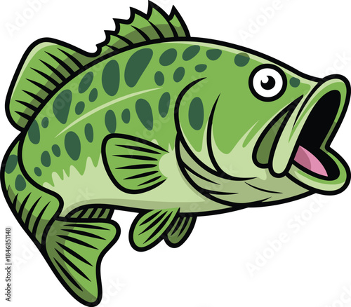 Cartoon green fish illustration, bass style freshwater fish with open mouth, bold mascot design, colorful vector artwork