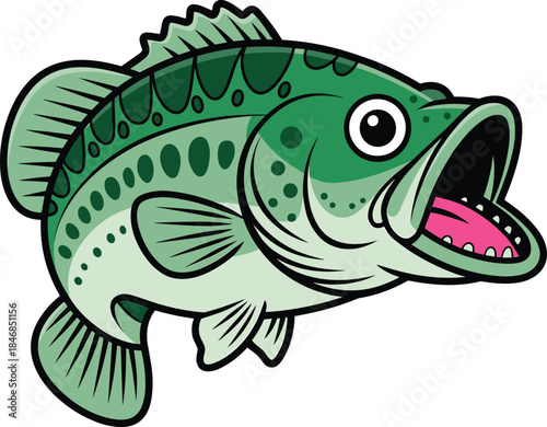 Cartoon green fish illustration, bass style freshwater fish with open mouth, bold mascot design, colorful vector artwork