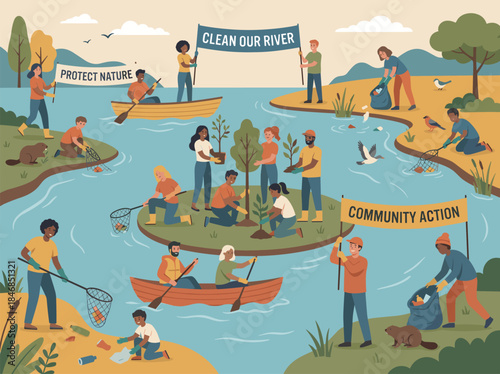 Community Volunteers Cleaning River and Protecting Nature