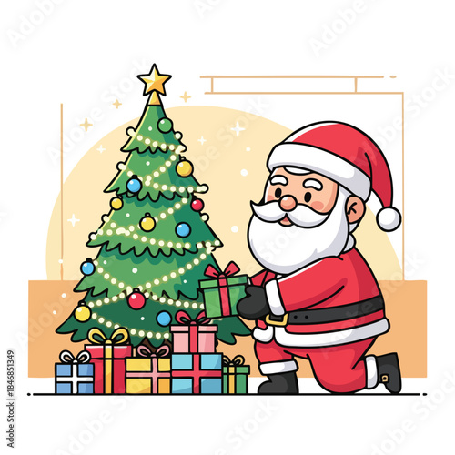 Santa Claus placing gifts under a festive Christmas tree in a joyful holiday illustration for seasonal cheer