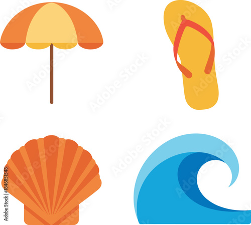 Flat summer beach icons set with umbrella, flip flops, shell, and wave