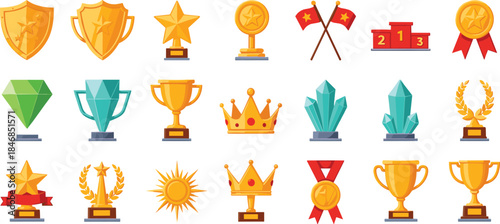 Achievement Trophy and Award Icon Vector Set Featuring Shields, Stars, Crowns, Medals, Crystals, and Winning Cups for Success, Competition, and Recognition Design Projects
