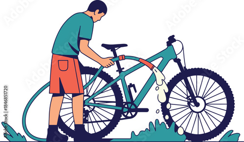 Person Washing Mountain Bike with Water Hose Vector Illustration