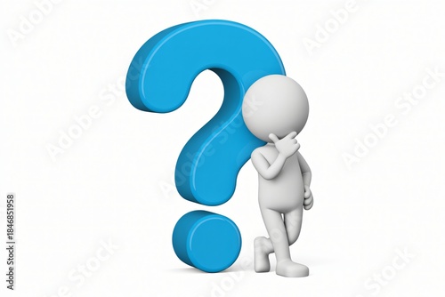 3D Stickman Figure Asking Question, Blue Question Mark Symbol, Uncertainty and Problem Solving Concept, White Stick Figure Thinking, Large Blue Question Mark, Business Challenge and Inquiry Concept.