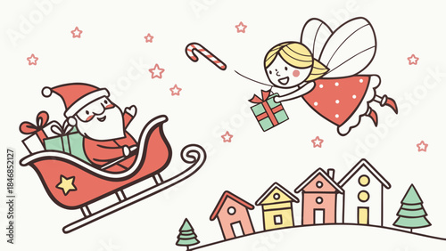 Santa Claus and Fairy Delivering Gifts on Christmas Eve.