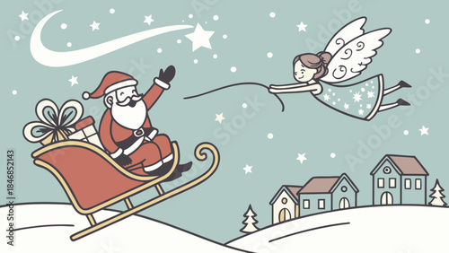 Santa Claus in a sleigh with an angel flying above a snowy village under a starry night sky, celebrating Christmas.