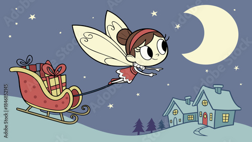 A cartoon fairy flying over snowy houses at night with a sleigh full of gifts under the moonlight.