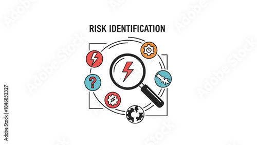 Risk identification concept with magnifying glass and warning symbols