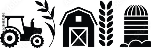 Agriculture icon set with tractor, wheat, barn, silo and windmill in black and white