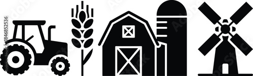 Agriculture icon set with tractor, wheat, barn, silo and windmill in black and white