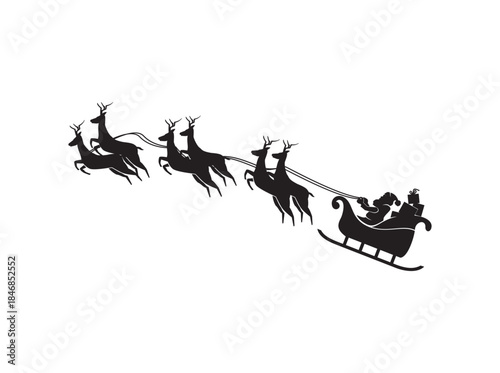 santa claus driving sleigh with flying deers, christmas invitation silhouette background.