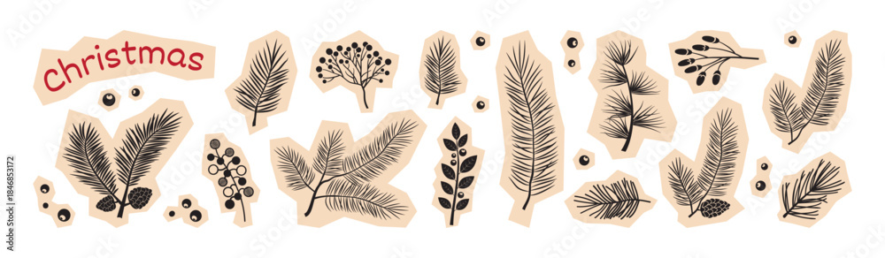 Fototapeta premium Christmas fir tree, pine cone sticker scrapbook, winter plant paper stickers. Black holly berry, branch needle, leaf. Holiday evergreen twig New Year set isolated on white bg. Xmas vector illustration