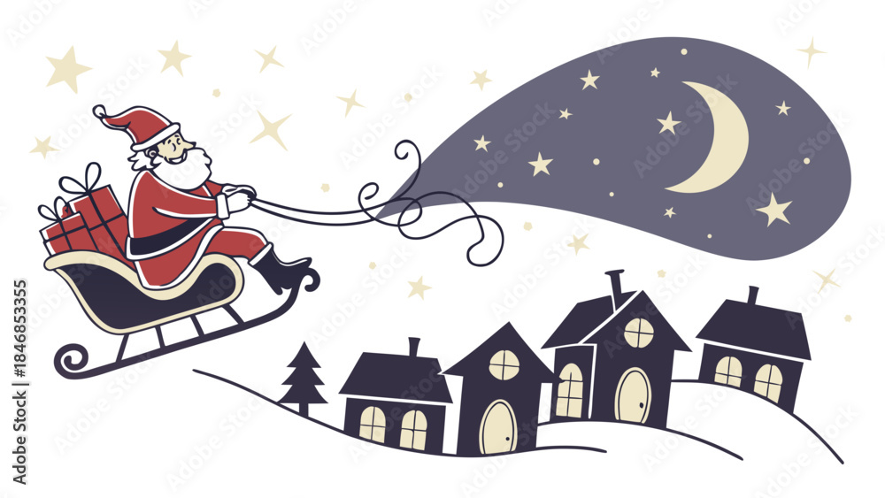 Naklejka premium Santa Claus flying in his sleigh with a sack of gifts over a snowy village at night under a starry sky with a crescent moon.