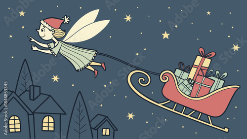 Christmas fairy flying with Santa's sleigh over houses at night.