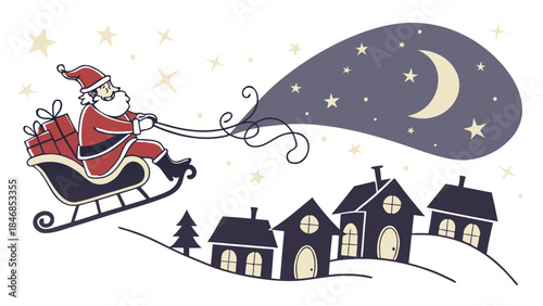 Santa Claus flying in his sleigh with a sack of gifts over a snowy village at night under a starry sky with a crescent moon.