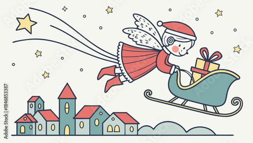 A cute cartoon angel in a Santa hat flying with a sleigh and gift over a charming village at night, under a starry sky.