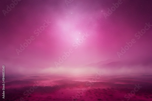Vibrant pink starry night over desert landscape with distant mountains