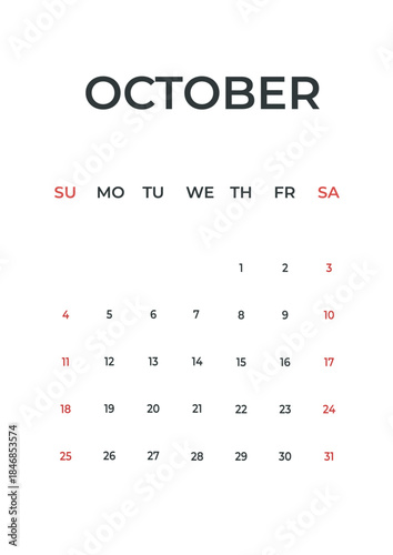 October 2026 minimal calendar design, simple template planner, week starts Sunday.