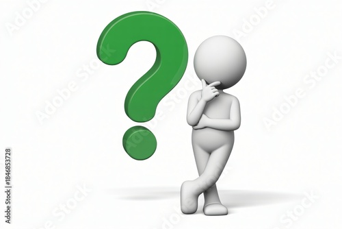 3D Stickman Figure with Green Question Mark, Problem Solving and Inquiry Concept, Business Challenge Graphic, White Stick Figure Thinking, Large Green Question Mark.