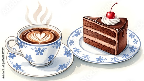 Cup of coffee with cake watercolor illustration clipart for designs