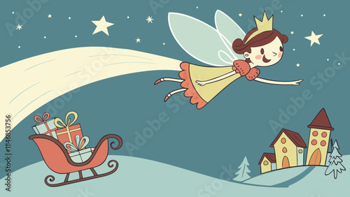 A cute cartoon fairy with a crown and wings flying over a snowy village with a sleigh full of gifts under a starry night sky.