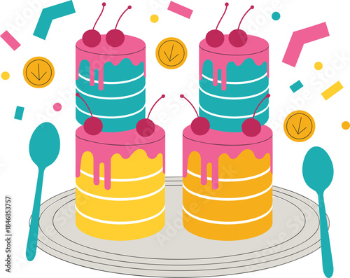 Mid Autumn Festival illustration, mooncakes and teapot with lanterns, Chinese traditional holiday food, modern flat vector design