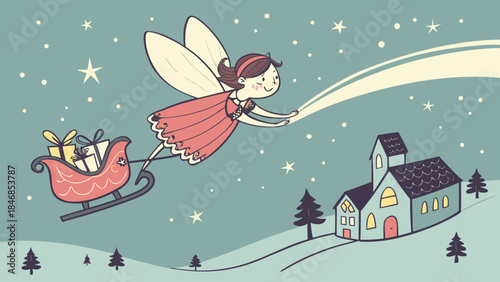 A whimsical fairy in a red dress pulls a sleigh full of gifts through a starry night sky towards a quaint village.