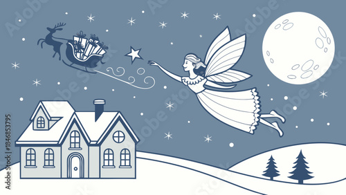 A fairy flying towards Santa's sleigh over a snowy house on a winter night with a full moon and stars.