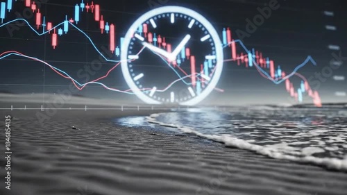 Financial Market Stock Chart Data With Glowing Clock Overlooking Calm Ocean Waves Reflecting On Wet Sand