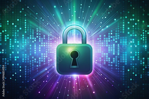 Secure digital padlock with vibrant neon light effect background