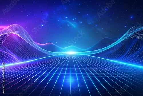 Vibrant neon grid landscape with glowing lines under starry night sky