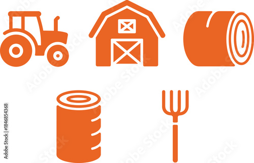 Farm and agriculture icon set with tractor, barn, hay bale and pitchfork flat vector illustration