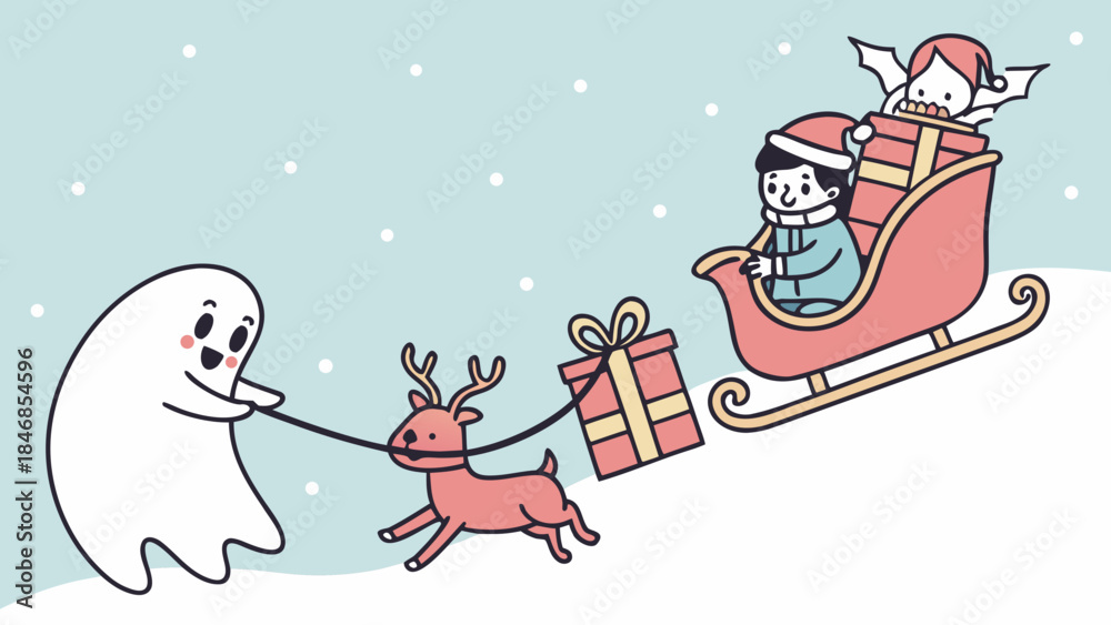 Fototapeta premium Whimsical illustration of a ghost pulling a reindeer and sleigh with children delivering Christmas gifts in snow.
