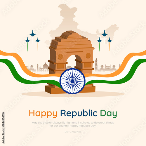 Happy Republic Day India Gate with Ashoka Chakra 26 January Poster and tiranga vector Illustration