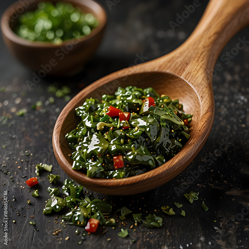 Vibrant chimichurri on a wooden spoon with fresh ingredients
