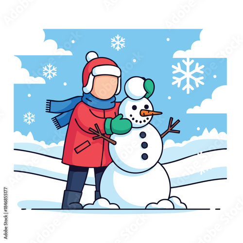 Child crafting a snowman in a snowy landscape during winter delightful outdoor activity
