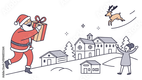 Santa Claus delivering a gift to a happy child in a snowy village with a reindeer flying overhead.