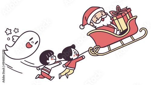 Santa Claus in a sleigh pulled by children and a ghost, delivering gifts.