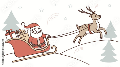 Santa Claus flying in a sleigh pulled by a reindeer over a snowy winter landscape with pine trees and stars, a festive Christmas illustration.