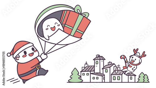 A cute cartoon Santa Claus delivering a gift via parachute to a festive village with a snowman.