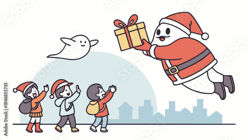 A whimsical illustration of a ghost-like Santa Claus flying and giving a present to three excited children, with a small ghost flying nearby and a city skyline in the background.