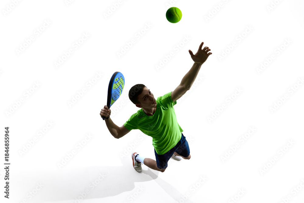 Naklejka premium Padel athlete overhead perspective serve action silhouette. Concept of serve breakdown illustrations, coaching diagrams, player evaluation sheets, training brochures and club marketing assets.
