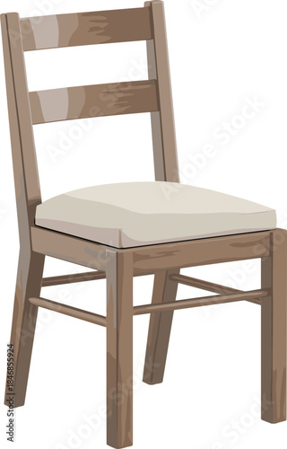 Wooden dining chair with upholstered seat, isolated 3D render on white background