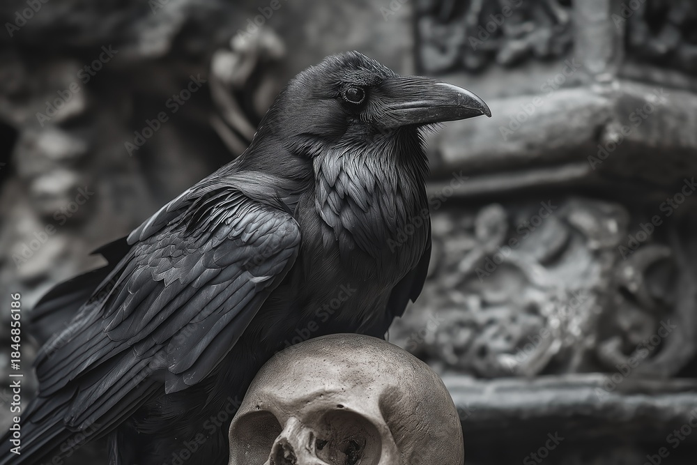 Fototapeta premium Raven Perched on Skull in Gothic Setting