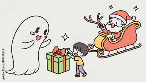 A cute ghost and a child exchange a Christmas gift while Santa Claus rides in his sleigh in the background.